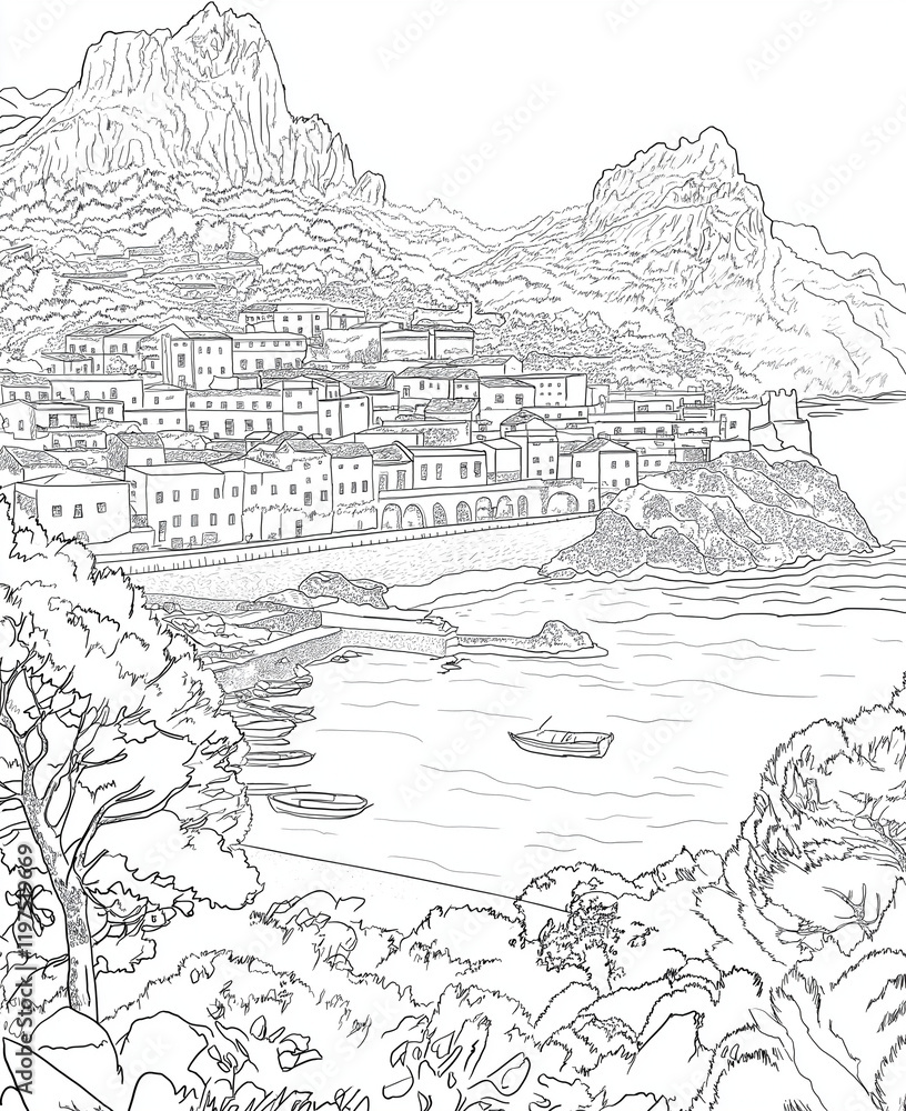 Fototapeta premium landscape in the mountains generated by artificial intelligence, coloring page