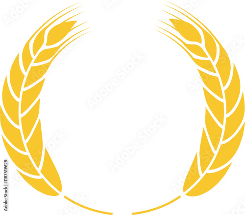 Two stylized wheat stalks forming a circular frame with copy space in the center, suitable for logos, emblems, and decorative elements related to agriculture, farming, and food production