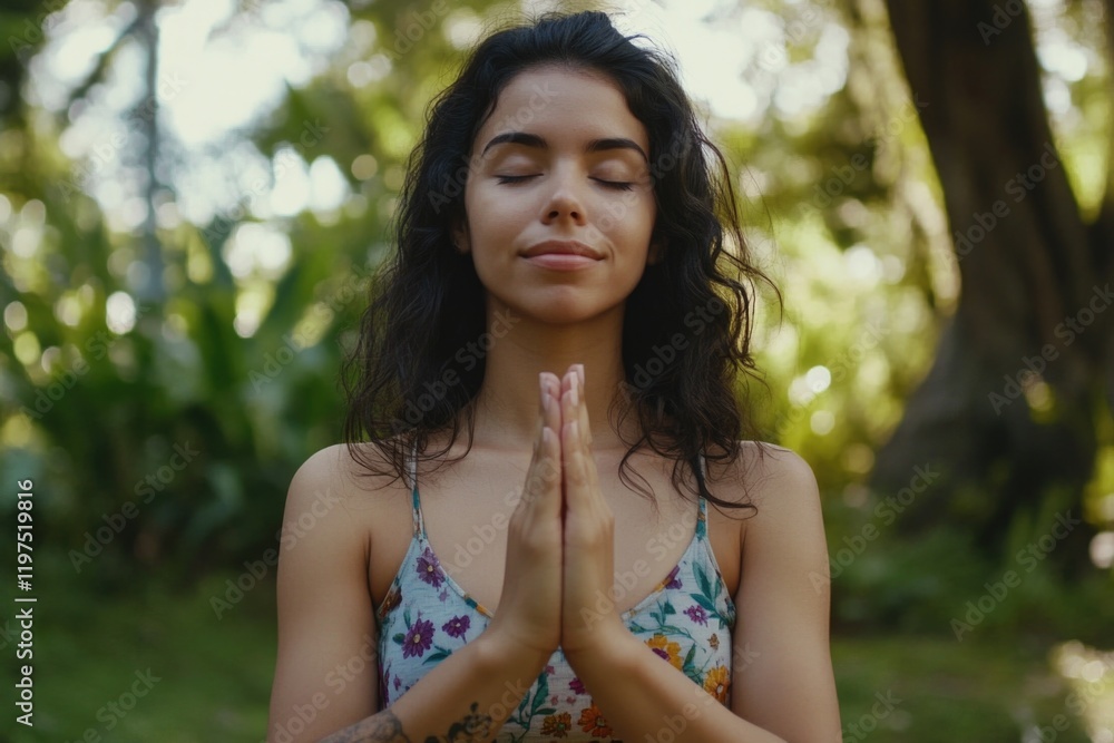 A woman with her eyes closed, hands together in a prayer position on the front of her body, immersed in meditation in a natural setting. A woman with her eyes closed, hands together in a prayer position on the front of her body, immersed in meditation in a natural setting.