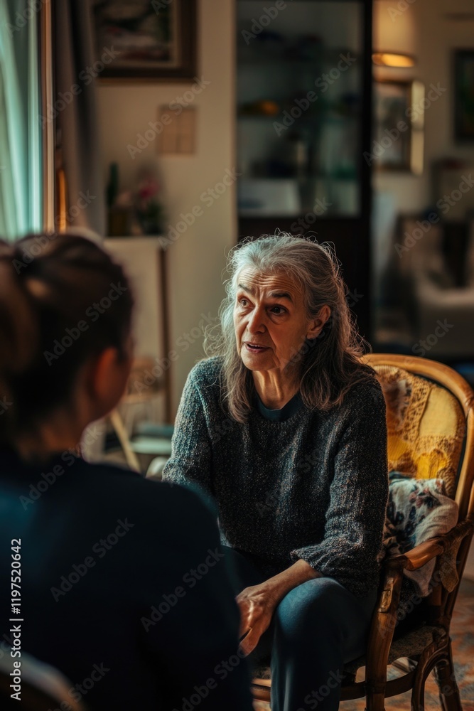 An elderly woman sits and talks with a younger person, possibly her granddaughter or caregiver, in a cozy living room. An elderly woman sits and talks with a younger person, possibly her granddaughter or caregiver, in a cozy living room.