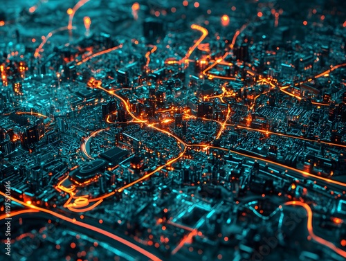A stunning aerial view of a vibrant cityscape at night, showcasing illuminated streets and buildings, creating a beautiful contrast of lights and colors against the dark backdrop.