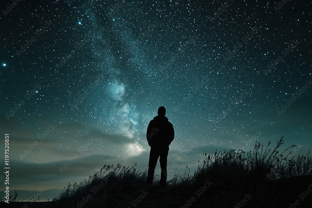 Fototapeta premium Person observing the cosmos in a starry night sky, contemplating life and our place within it.