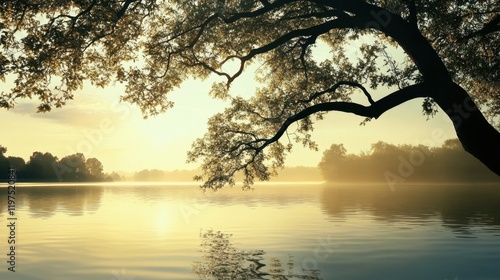 A serene lakeside view with a tree branch arcing towards the water, its reflection dancing on the surface.