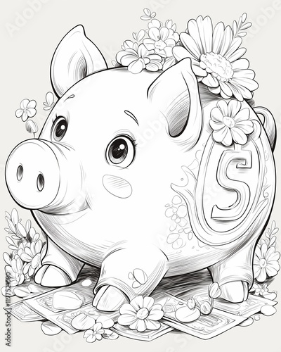 Coloring book for kids, coloring animals and birds, pig, piggy bank.
