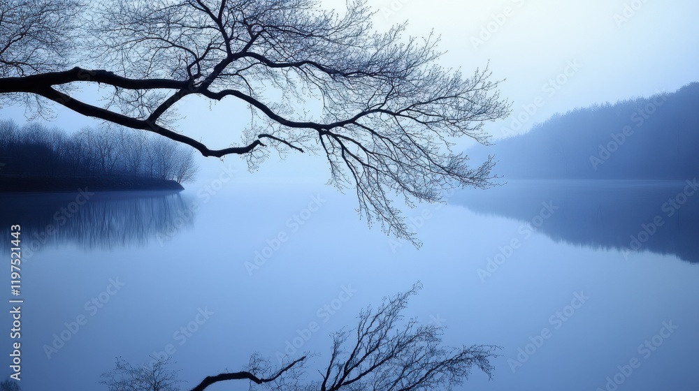 A serene riverside scene with a tree branch arching towards the water, its reflection creating a peaceful mirror image. A serene riverside scene with a tree branch arching towards the water, its reflection creating a peaceful mirror image.