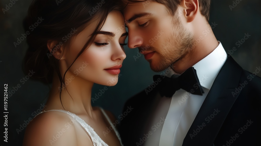 A man in a tailored tuxedo and a woman in a flowing evening gown radiating timeless sophistication. A man in a tailored tuxedo and a woman in a flowing evening gown radiating timeless sophistication.