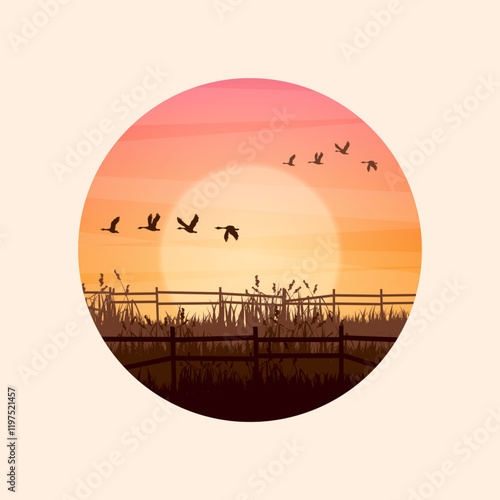 Meadow silhouettes with grass and old wooden fence. Countryside, round panoramic summer lawn rural landscape with herbs, weeds. Agriculture and farming. Summer sunset in nature. Vector illustration