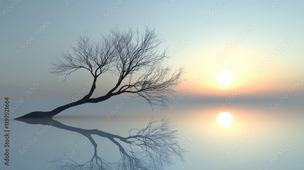 A serene riverside scene with a tree branch arching towards the water, its reflection creating a peaceful mirror image. A serene riverside scene with a tree branch arching towards the water, its reflection creating a peaceful mirror image.