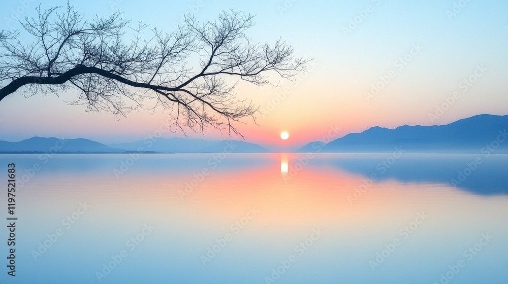 A serene riverside scene with a tree branch arching towards the water, its reflection creating a peaceful mirror image. A serene riverside scene with a tree branch arching towards the water, its reflection creating a peaceful mirror image.