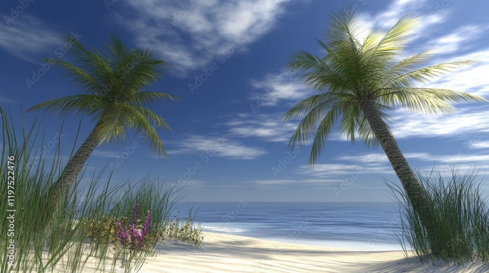 Fototapeta premium A serene tropical scene with twin palm trees by the beach, under a clear sky with scattered clouds, inviting relaxation.