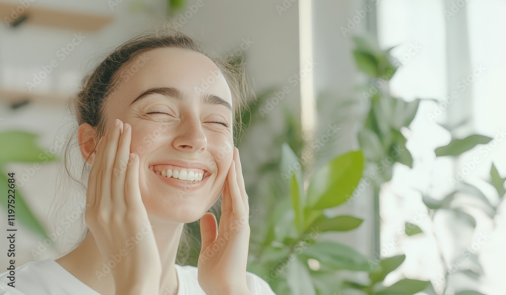 Happy woman applying skincare in a bright, indoor setting. Happy woman applying skincare in a bright, indoor setting.