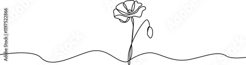 Poppy one line drawing. Abstract flower continuous line. Minimalist contour drawing of poppy seed. Continuous line drawing of flower poppy seed.Hand drawn sketch of flower with leaves.