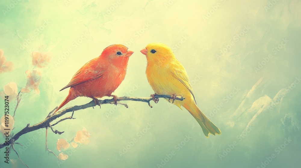 Obraz premium A serene view of two colorful birds, yellow and red, perched on a branch with a soft green background, showcasing the beauty of nature.
