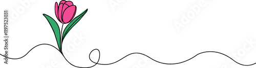 Tulip one line drawing.Abstract flower continuous line. Minimalist contour drawing of tulip. Continuous line drawing of flower tulip.Hand drawn sketch of flower with leaves.