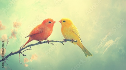 A serene view of two colorful birds, yellow and red, perched on a branch with a soft green background, showcasing the beauty of nature.