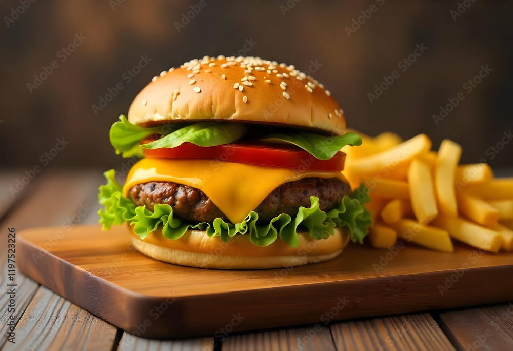 A cheeseburger with lettuce , tomato , and cheese on a sesame seed bun , served with a side of french fries on a wooden board A cheeseburger with lettuce , tomato , and cheese on a sesame seed bun , served with a side of french fries on a wooden board