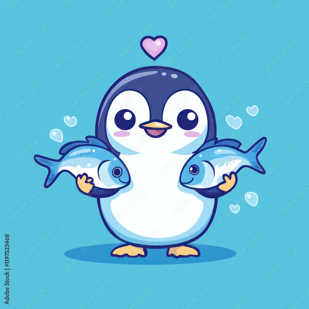Fototapeta premium Cute penguin holding two fish, blue background, Valentine's Day card