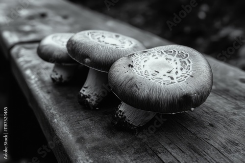 Two mushrooms, possibly Amanita muscaria or fly agaric, with white spots, resting on wooden bench photo