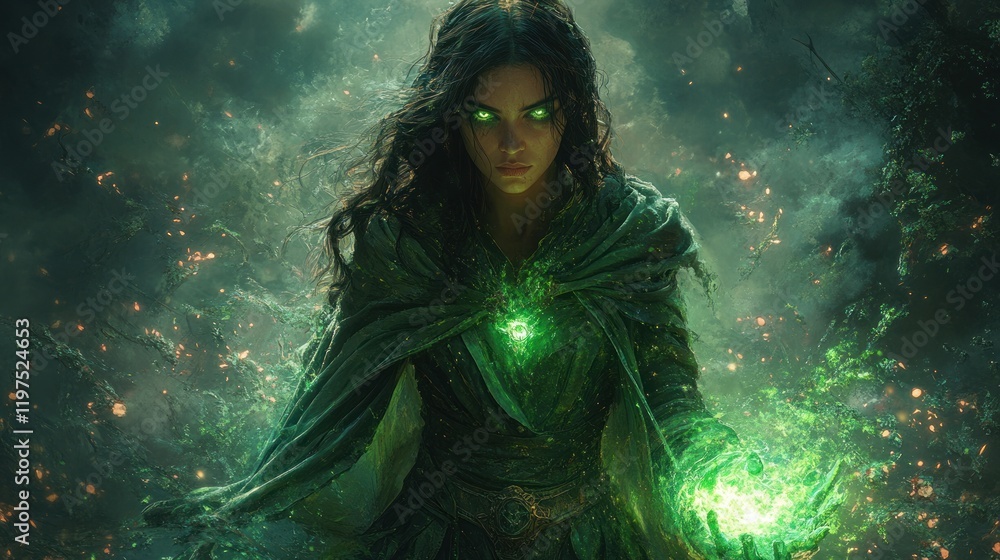Powerful sorceress with glowing green eyes and magic. Powerful sorceress with glowing green eyes and magic.
