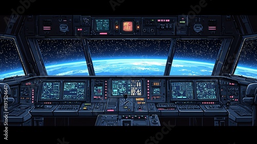 Fototapeta Naklejka Na Ścianę i Meble -  Spaceship cockpit view of Earth from space.