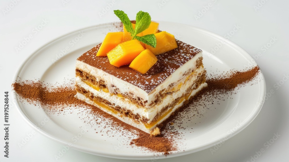 A dessert plate featuring a layered chocolate and vanilla cake with mango pieces on top, garnished with powdered sugar and fresh mint leaf. A dessert plate featuring a layered chocolate and vanilla cake with mango pieces on top, garnished with powdered sugar and fresh mint leaf.