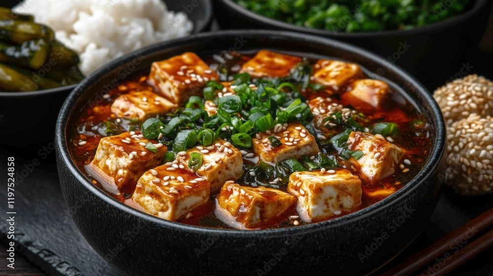 Savory Mapo Tofu with Sesame Seeds and Green Onions in a Dark Bowl, Served with Rice and Pickled Vegetables Savory Mapo Tofu with Sesame Seeds and Green Onions in a Dark Bowl, Served with Rice and Pickled Vegetables