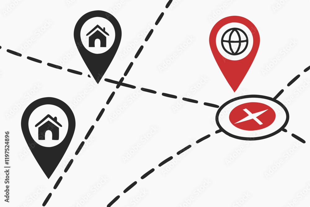 minimalist design, map location pins, black and red icons, white background, simple geometric shapes, contrasting colors, clean graphic design, map markers, navigation symbols, bold visual elements, t minimalist design, map location pins, black and red icons, white background, simple geometric shapes, contrasting colors, clean graphic design, map markers, navigation symbols, bold visual elements, t