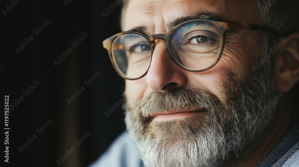 Bearded man wearing glasses reflects quietly. Bearded man wearing glasses reflects quietly.