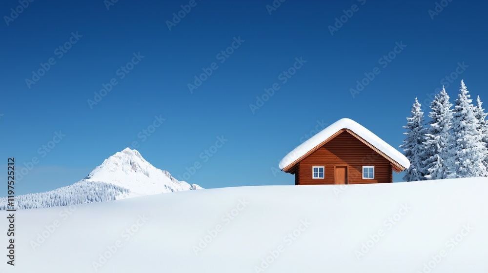 Snowy mountain landscape with a small wooden cabin. Snowy mountain landscape with a small wooden cabin.