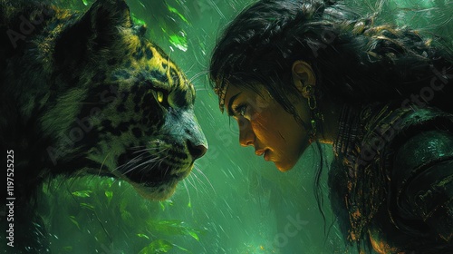 Woman and jaguar face each other in a rainforest downpour.