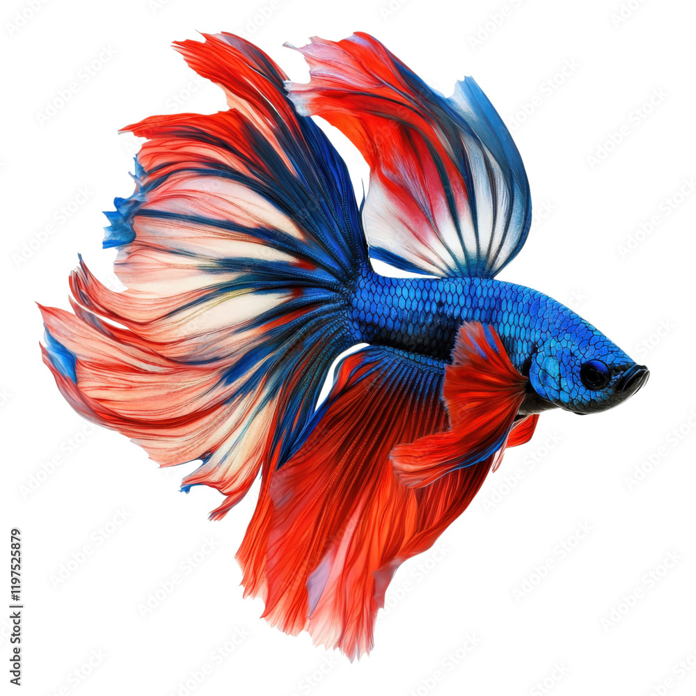 Obraz premium Vibrant Siamese fighting fish with flowing fins in red and blue colors, showcasing its beauty and grace in motion. stunning aquatic creature perfect for any aquarium