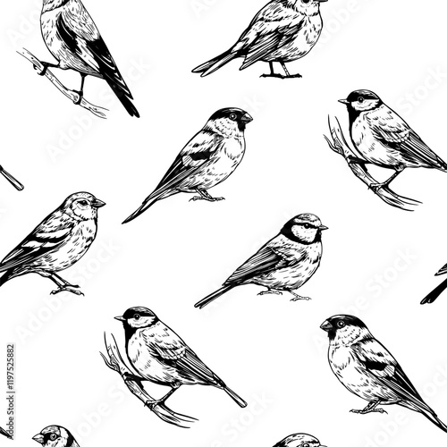 Seamless pattern, set birds, great tit, goldfinch, robin, bullfinch, realistic sketch, hand drawn vector