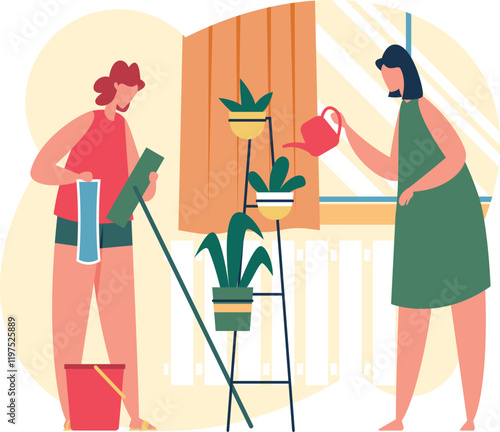 Two women are doing housework, one is cleaning windows with a squeegee and a bucket of water, while the other is watering plants on a metal rack