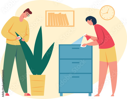Man and woman performing house chores, cleaning and dusting furniture and plants, spring cleaning or regular household everyday routine, teamwork and housekeeping concept