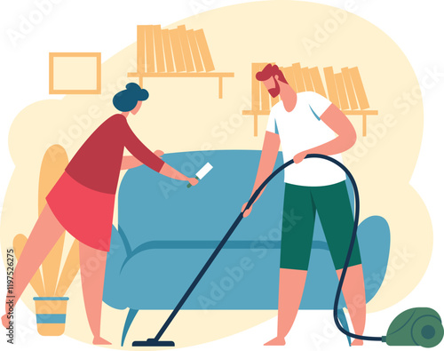Man using vacuum cleaner and woman cleaning sofa with lint roller, working together to tidy up their living room, depicting household chores and teamwork in maintaining a clean home environment