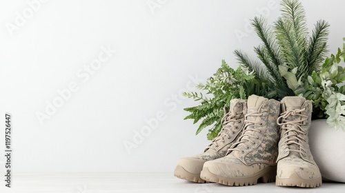 Military boots and an electric baton rest on the floor beside a camouflage sofa, highlighting a modern and functional home setting photo