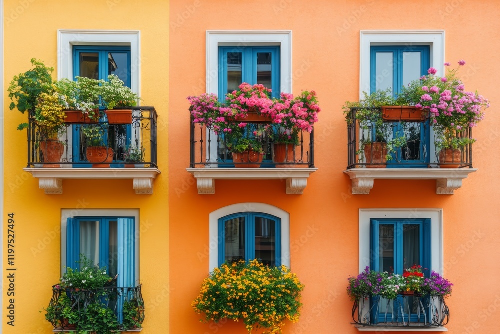 Fototapeta premium Colorful Building Facade with Flower Filled Balconies Blue Windows