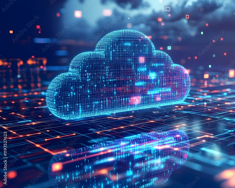 Fototapeta premium Futuristic cloud technology visualized with glowing digital data symbols on a network grid background.