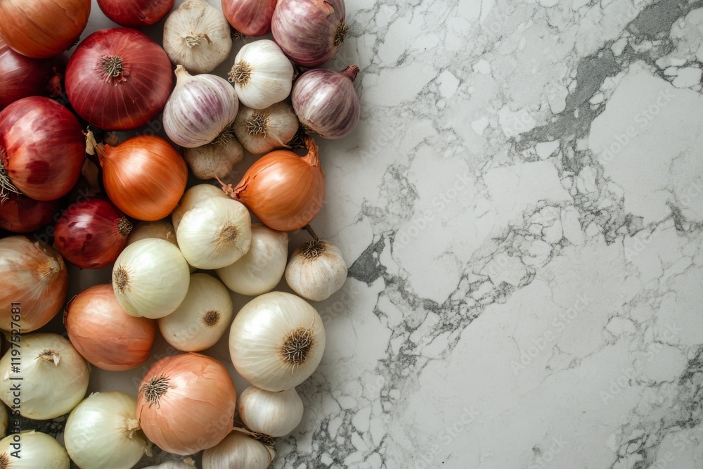 Obraz premium Fresh Onions Garlic Bulbs Produce Food Cooking Ingredients Kitchen