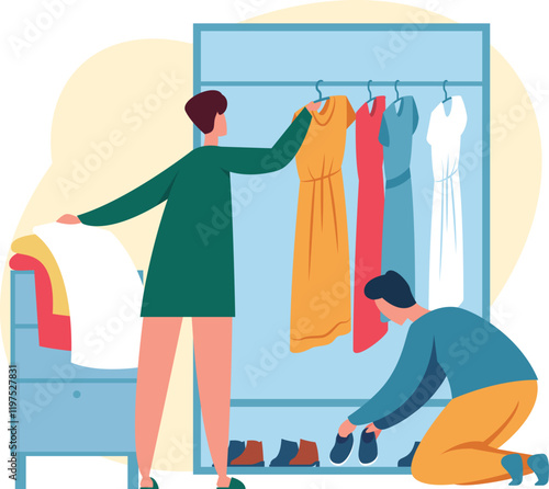 Woman choosing dress from rack and man picking shoes from wardrobe, organizing clothes and footwear in closet, home activity, tidying up, domestic chores, household work, everyday routine