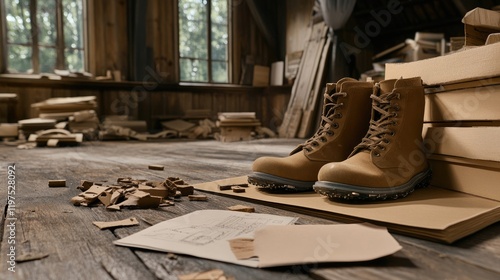 Detailed examination of a prosthetic leg on a workshop table, highlighting the intricate design and technology involved in its creation photo