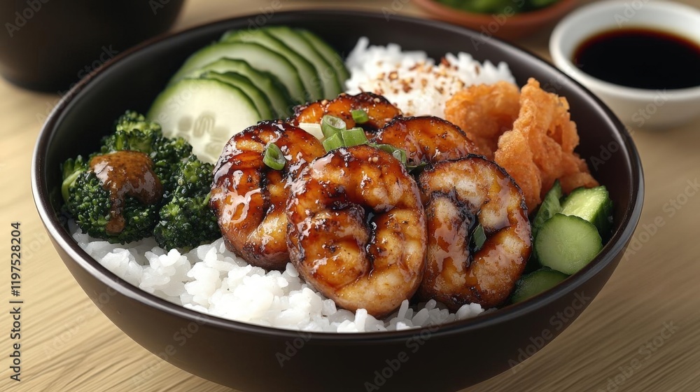 Savory Teriyaki Salmon Bowl with Shrimp Tempura and Steamed Broccoli Savory Teriyaki Salmon Bowl with Shrimp Tempura and Steamed Broccoli