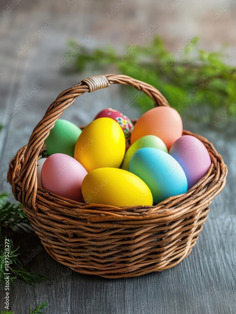 Naklejka premium easter, holidays and tradition concept - close up of colored eggs in wicker basket on grey wooden boards background