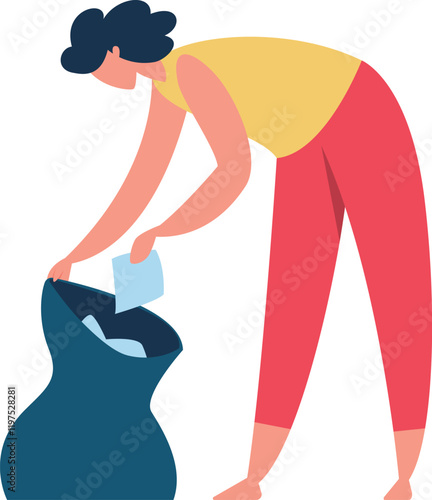 Volunteer collecting paper waste and placing it in a garbage bag, actively participating in cleaning the environment, embodying the spirit of social responsibility and community service