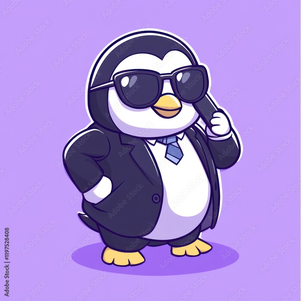 Naklejka premium Penguin cartoon in suit with sunglasses, holding object, purple background, for use in kids content