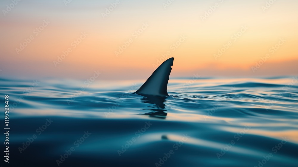 Fototapeta premium A lone shark fin glides smoothly through the tranquil ocean waters, its silhouette cutting across the calm surface under the soft glow of sunlight.