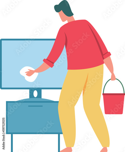 Man carefully wiping computer monitor screen with microfiber cloth, holding red bucket with cleaning solution, ensuring hygiene and clear display