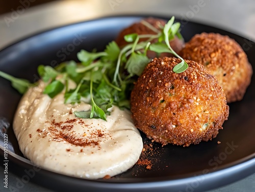 A plate of crispy, golden falafel balls served alongside a generous portion of smooth tahini sauce, set on a sleek black plate, with fresh herbs garnishing the dish. photo