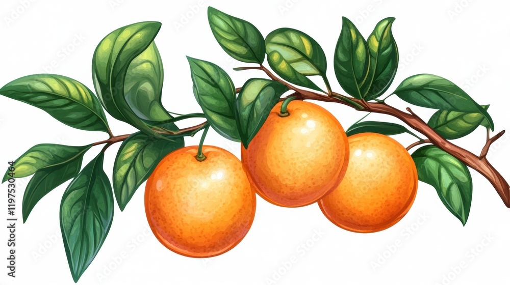 Fresh Oranges on Branch with Green Leaves in Vibrant Colors Fresh Oranges on Branch with Green Leaves in Vibrant Colors