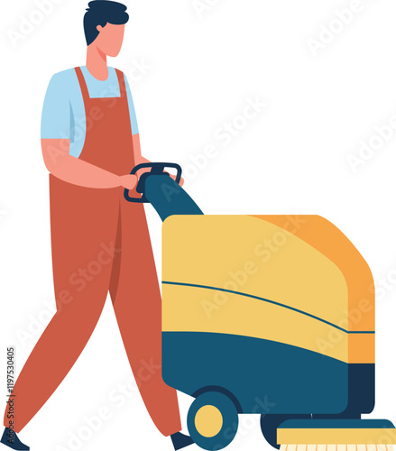 Cleaning service worker using scrubber drier machine pushing cleaning cart with brush and bucket cleaning floor in office building cleaning company concept